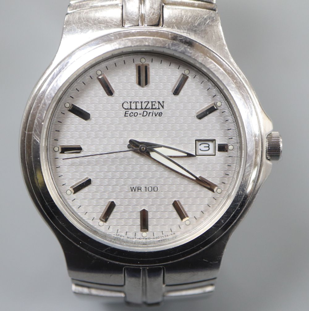 A gentlemans modern stainless steel Citizen Eco-Drive wrist watch, no box or papers.